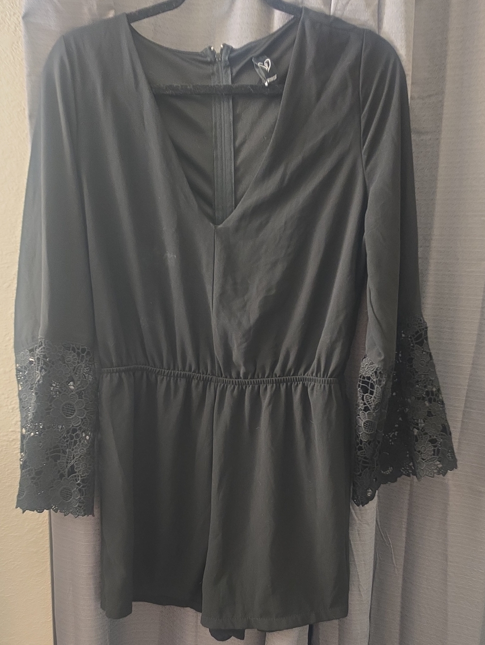 Windsor Black Long-Sleeve Lace Cuff Romper Dress